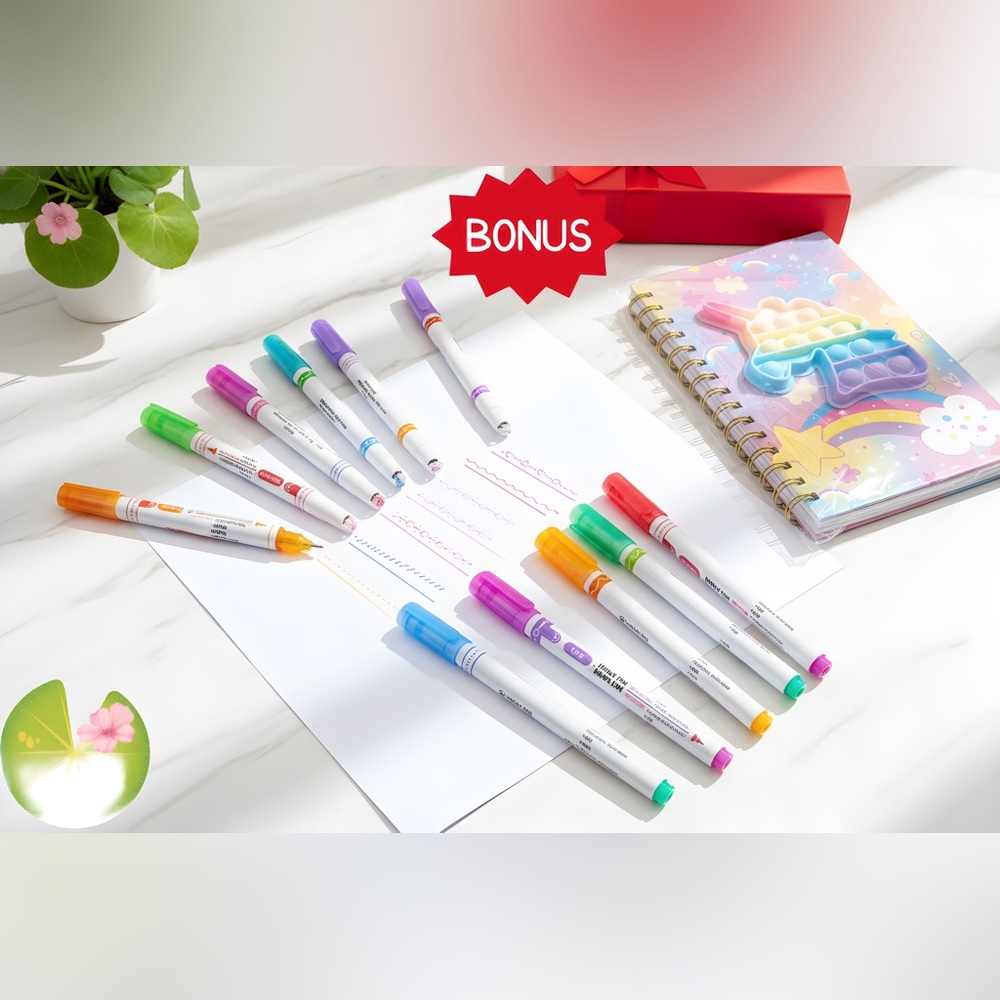 8PCS Curve Highlighter Pen Set, 8 Colors Fine Lines & Bonus1 POP Spiral Notebook